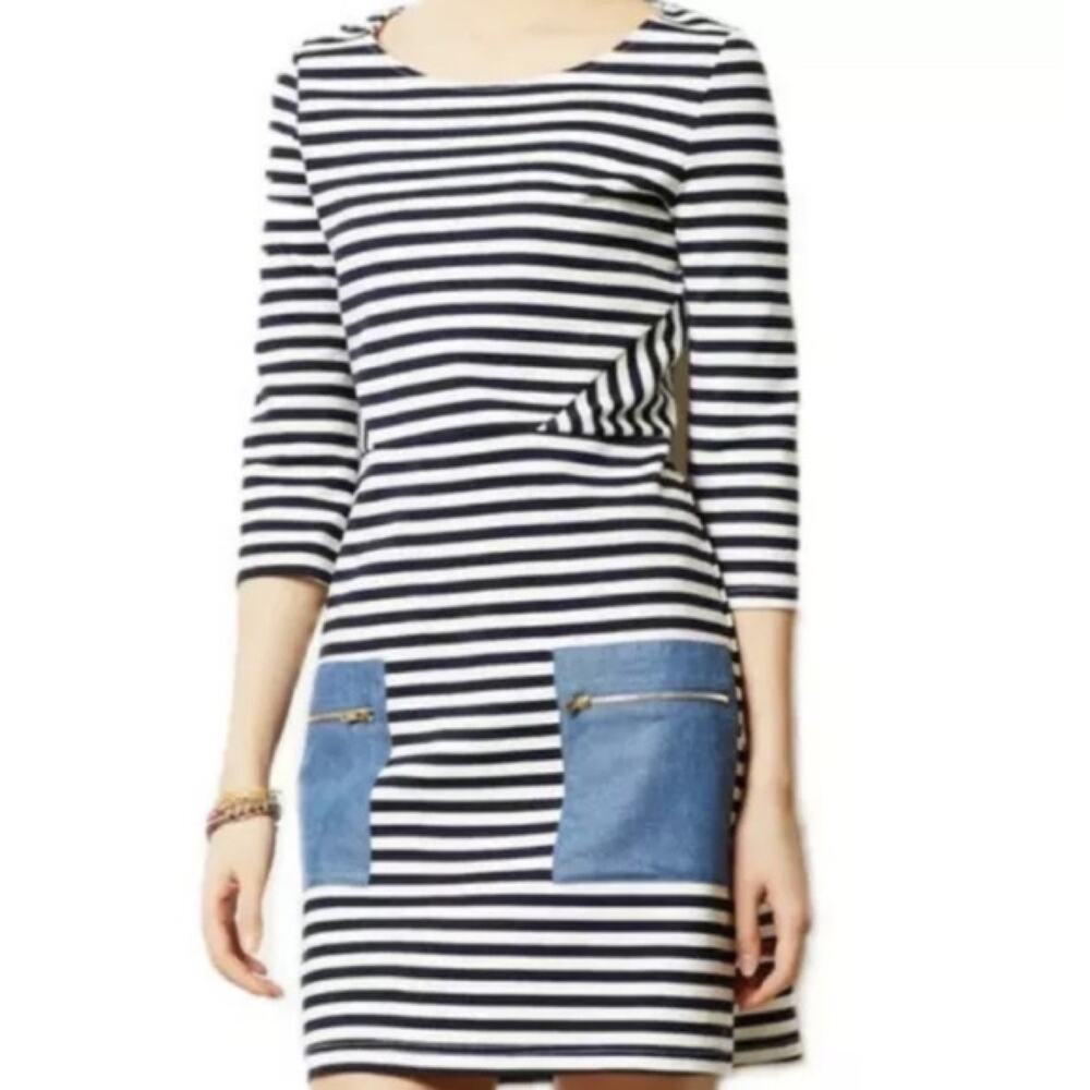 Tabitha Womens Size 0 Marin Dress Anthropologie 3/4 Sleeve Navy Stripe Knit Mini